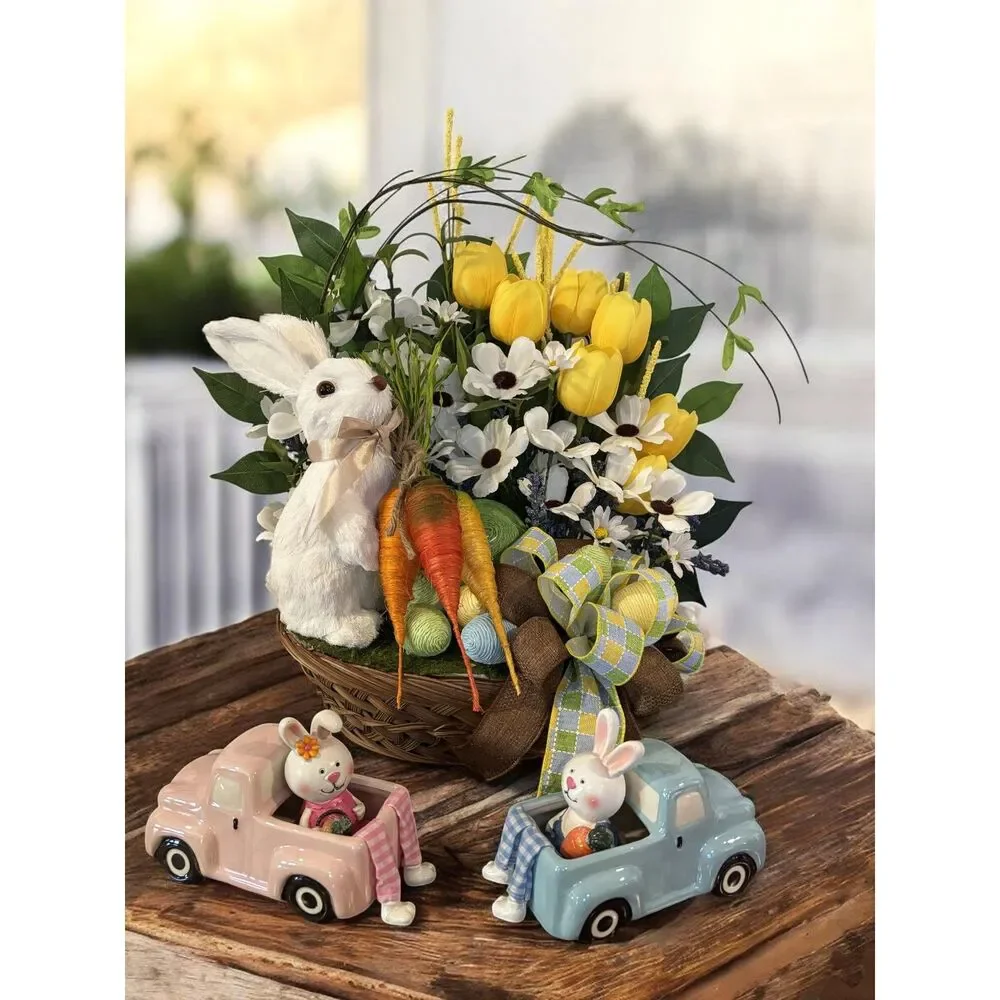 Easter Bunny Basket Center Piece with Tulips and Daisey's